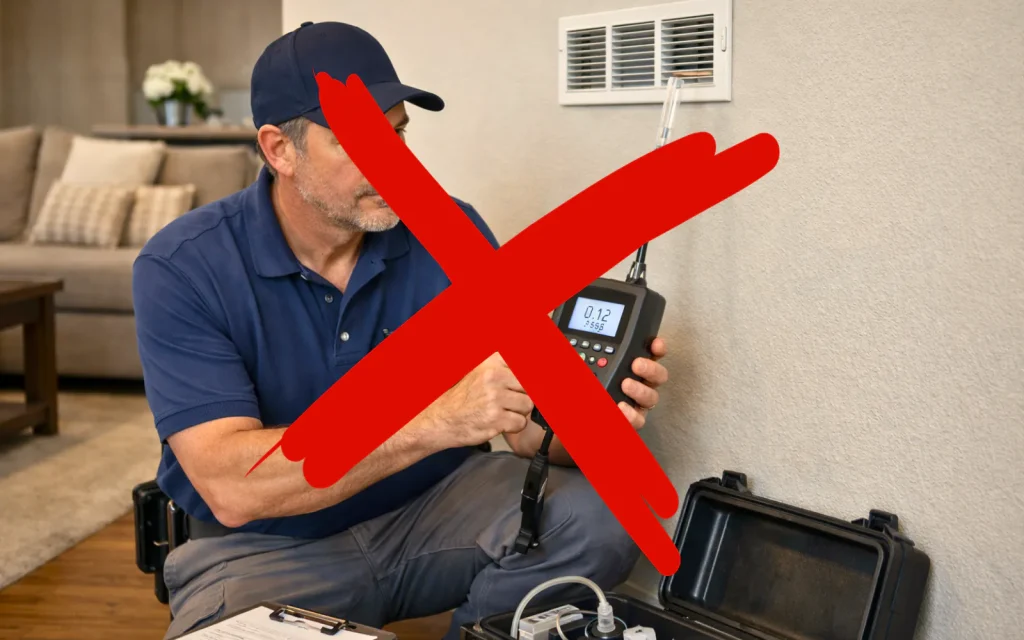An image of air quality testing in progress with a large cross over it, representing the problems with air quality testing and the benefits of using mold dogs