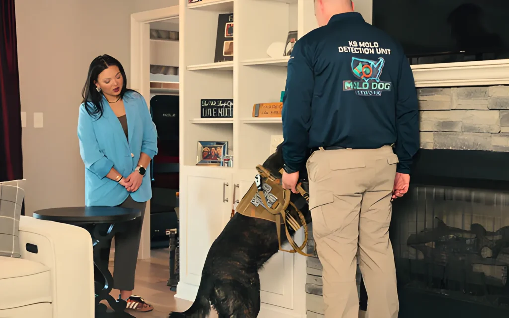 A mold dog network mold dog and handler inspecting a cabinet for hidden mold