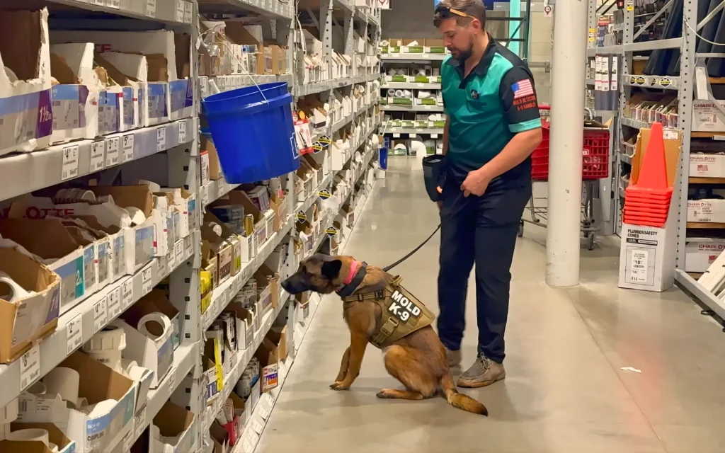 A mold dog sniffing along shelves during a commercial mold inspection