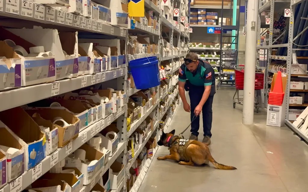 A mold dog sniffing along shelves during a commercial mold inspection
