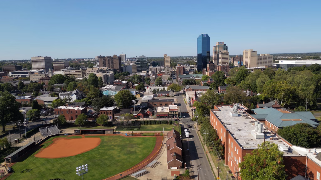 A drone shot of the Lexington skyline