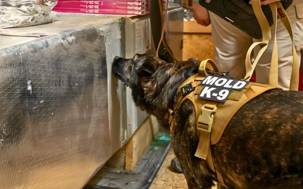 A mold dog sniffing around HVAC ducting during a homeowner's mold inspection