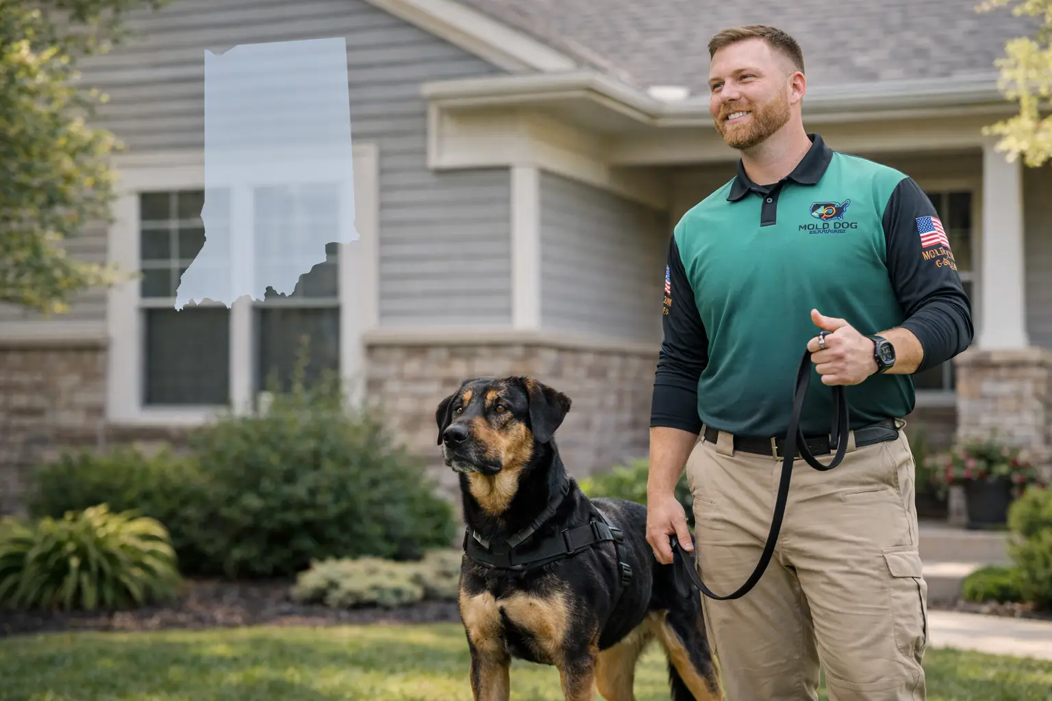 A Mold Dog Network handler and dog outside an Indiana home