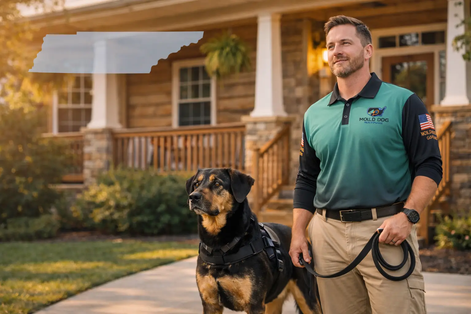A Mold Dog Network handler and dog outside a Tennessee home