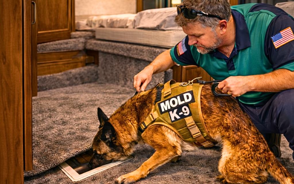 A mold dog sniffing under carpet in an RV during an inspection