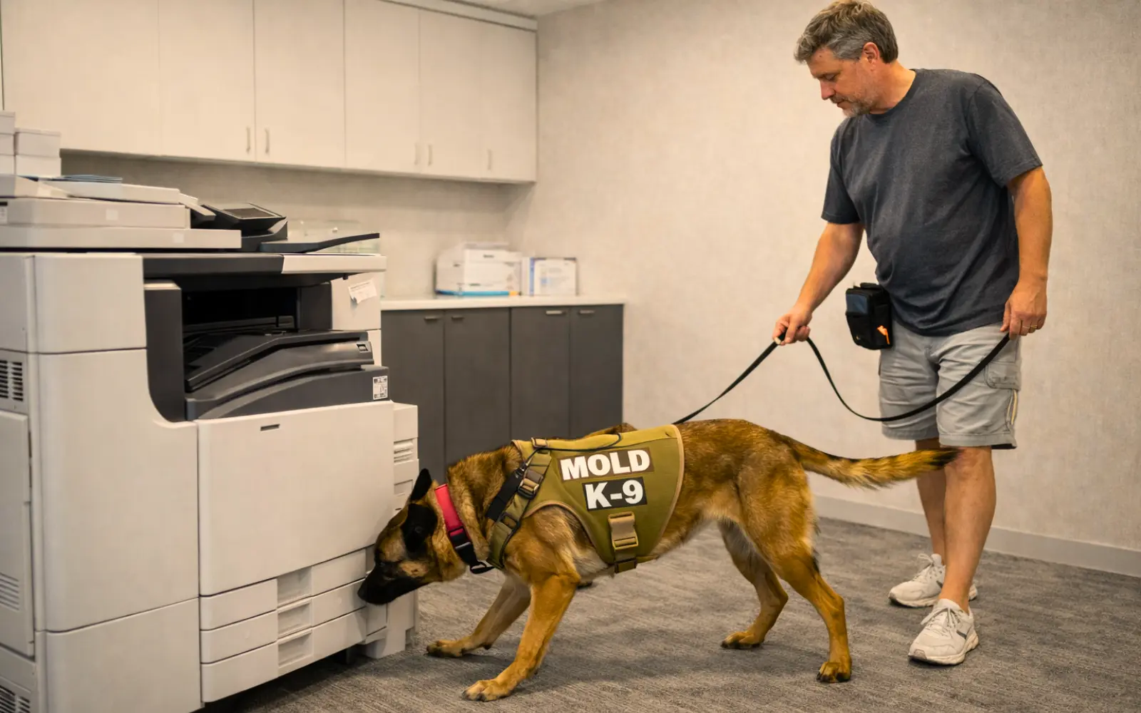 A mold dog sniffing around a printer to identify hidden mold in an office