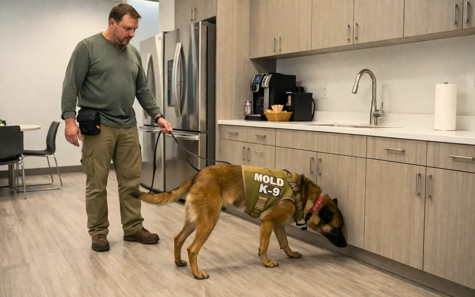 A mold dog sniffing around a kitchenette in an office to identify hidden mold