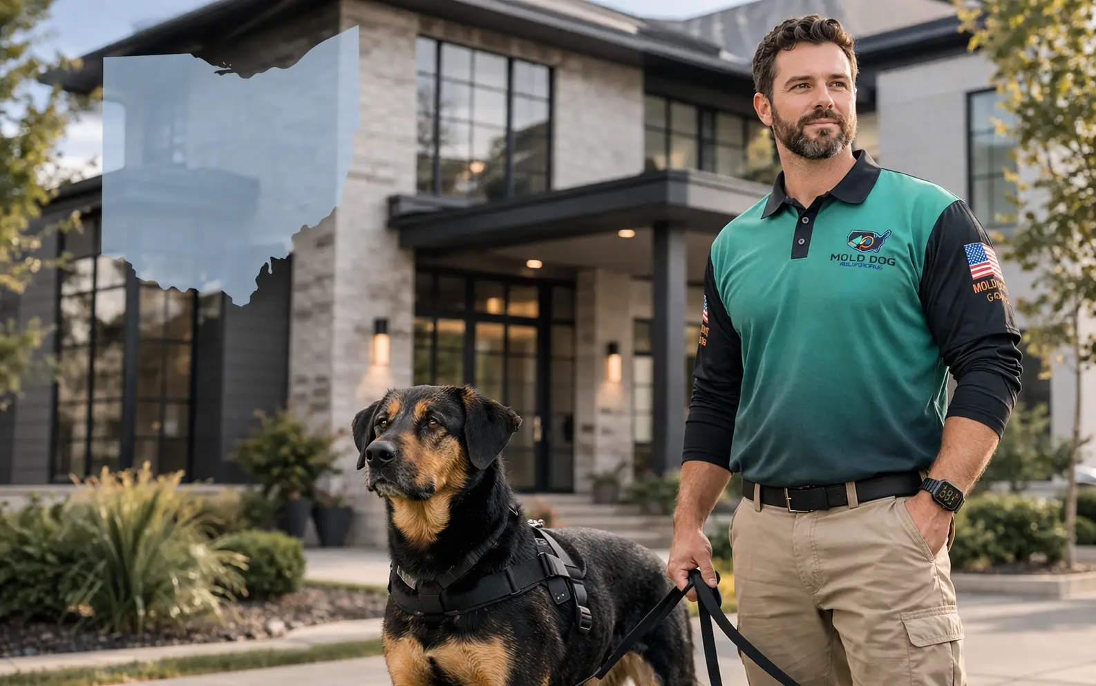 A Mold Dog Network handler and dog outside an Ohio home