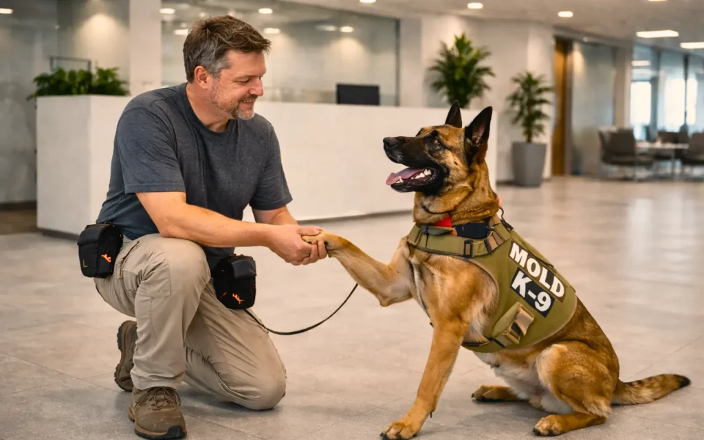 A mold dog shaking hands with handler in an office lobby after a mold dog office inspection