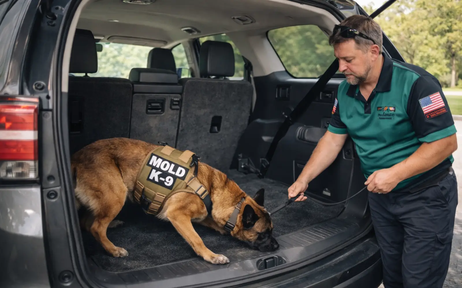 A mold dog sniffing in the trunk of an SUV during a mold dog vehicle inspection
