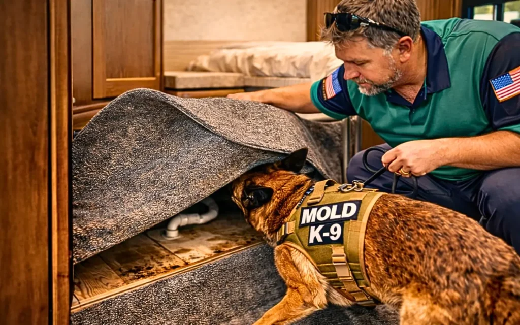 A mold dog sniffing under lifted carpet during a mold dog inspection in an RV