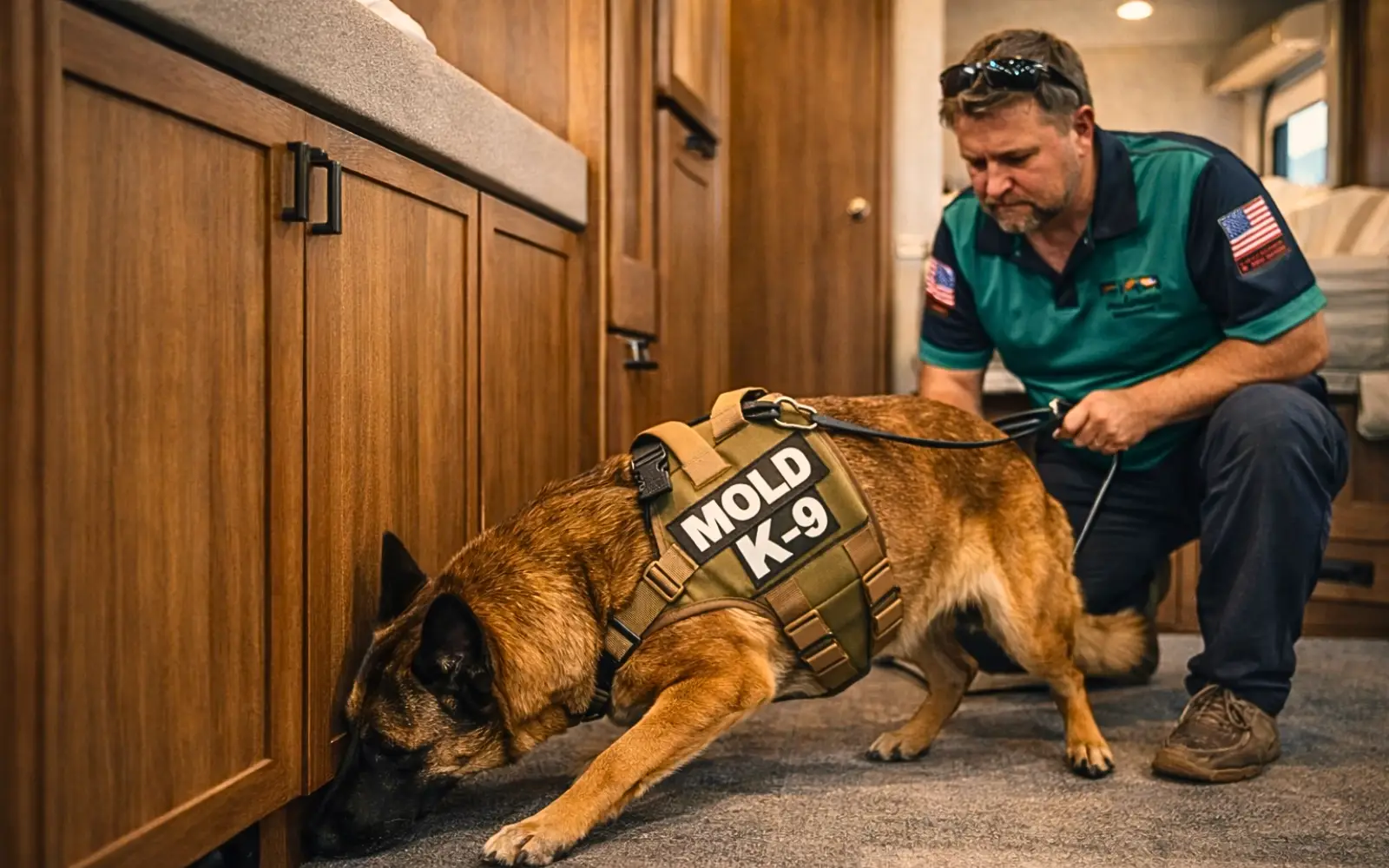 A mold dog sniffing under built in cabinets in an RV during a mold inspection