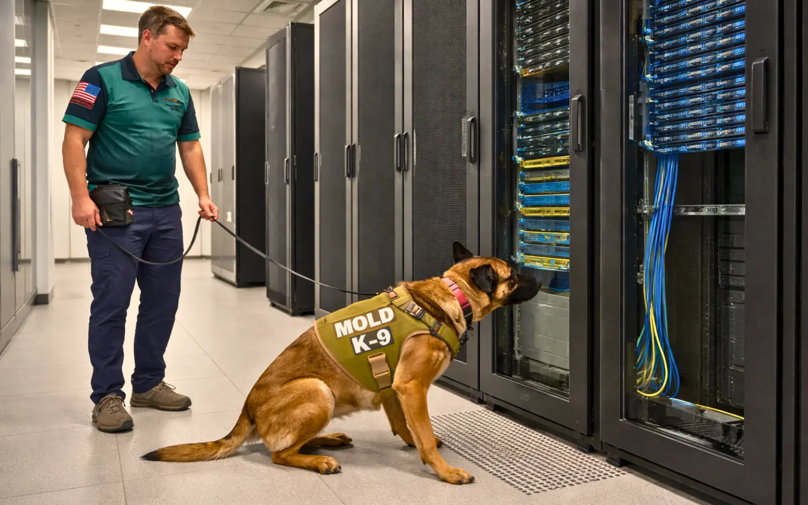 A mold dog searching for mold in a server room in a large office block