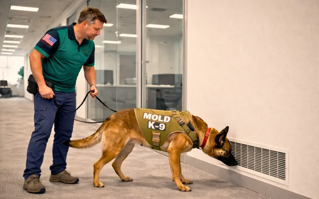 A mold dog snifing around an HVAC air vent during an office mold inspection