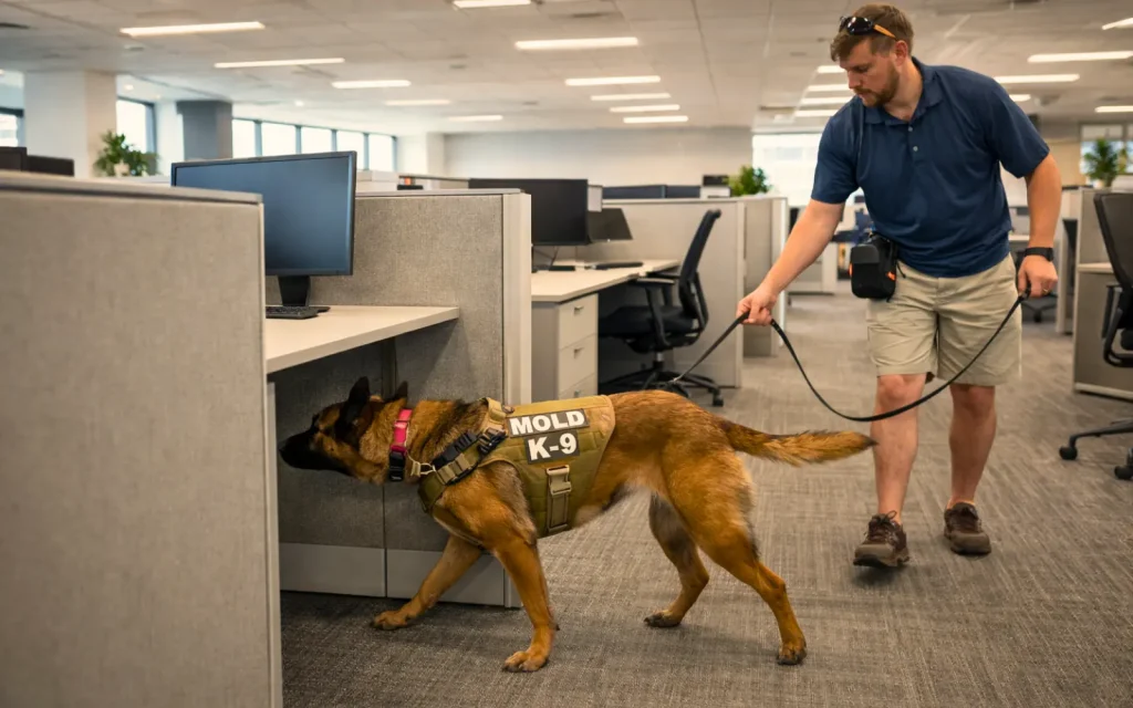 A mold dog and handler inspecting an office cubicle