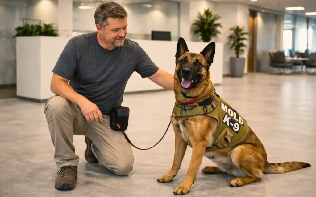An office mold dog and handler in a lobby after an office mold inspection