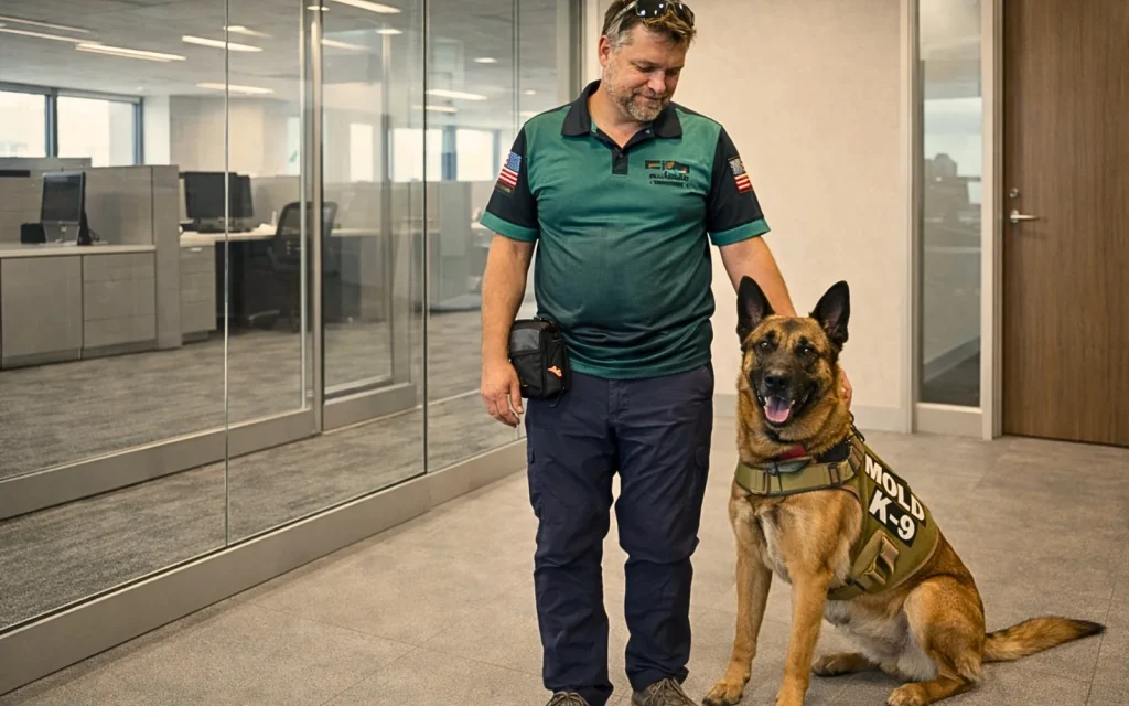 A mold dog and handler before an office mold inspection