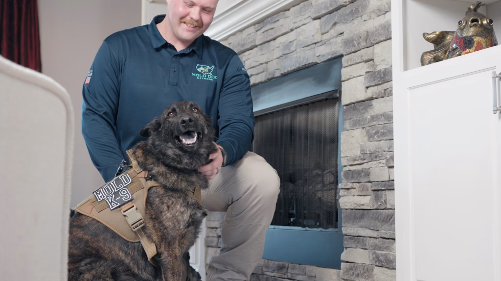 Smiling mold dog handler with mold dog