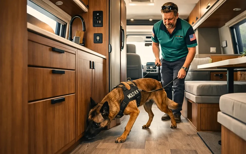 A mold dog sniffing around an RV during a mold inspection