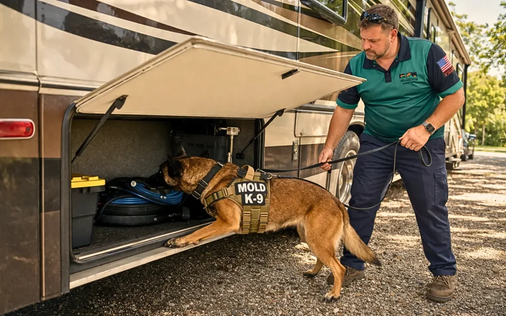 A mold dog sniffing around under-RV storage during a mold inspection