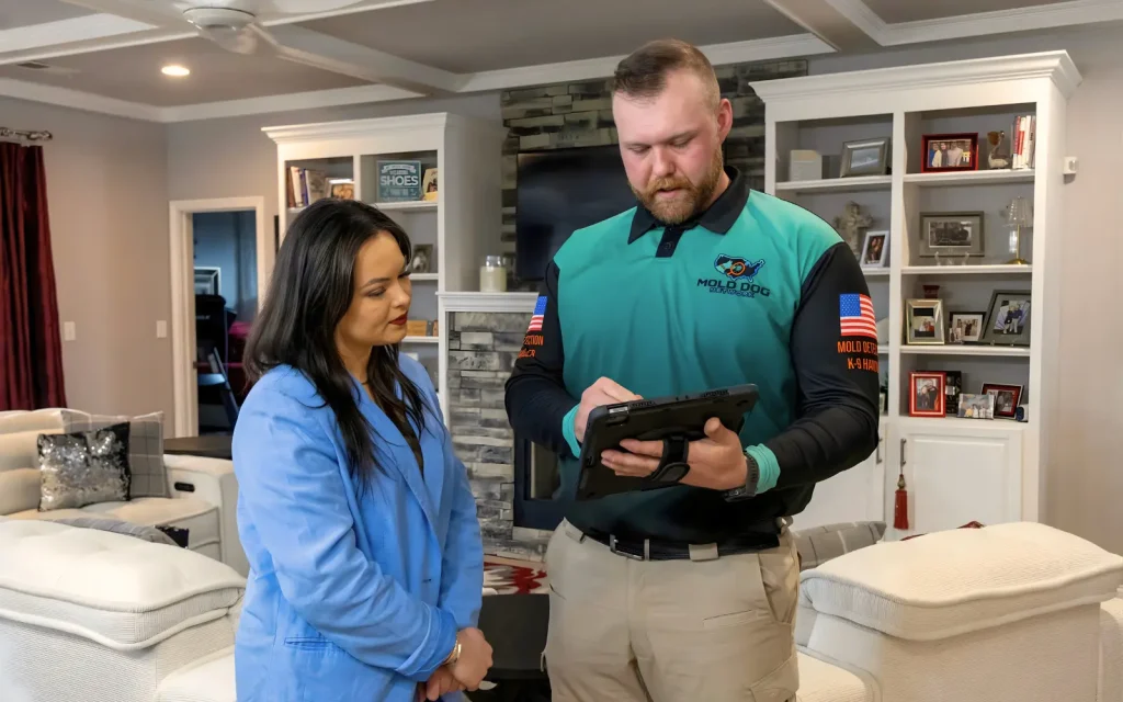 A mold dog network employee discussing the mold inspection findings with a homeowner