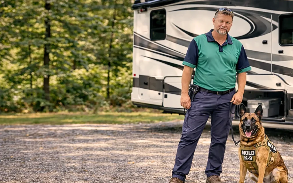 A mold dog and their handler from Mold Dog Network outside an RV before a vehicle mold inspection