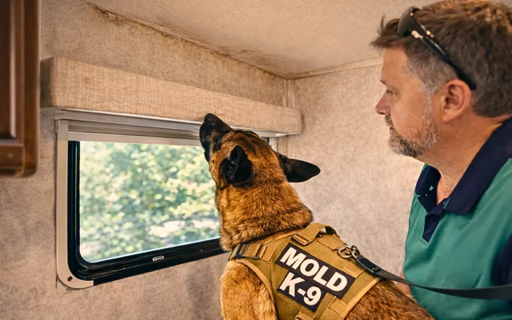 A mold dog alerting at water damage in an RV ceiling