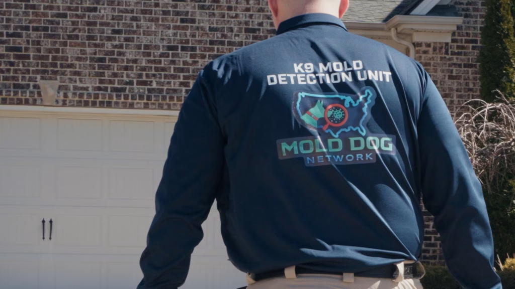Mold Dog Network handler in branded shirt