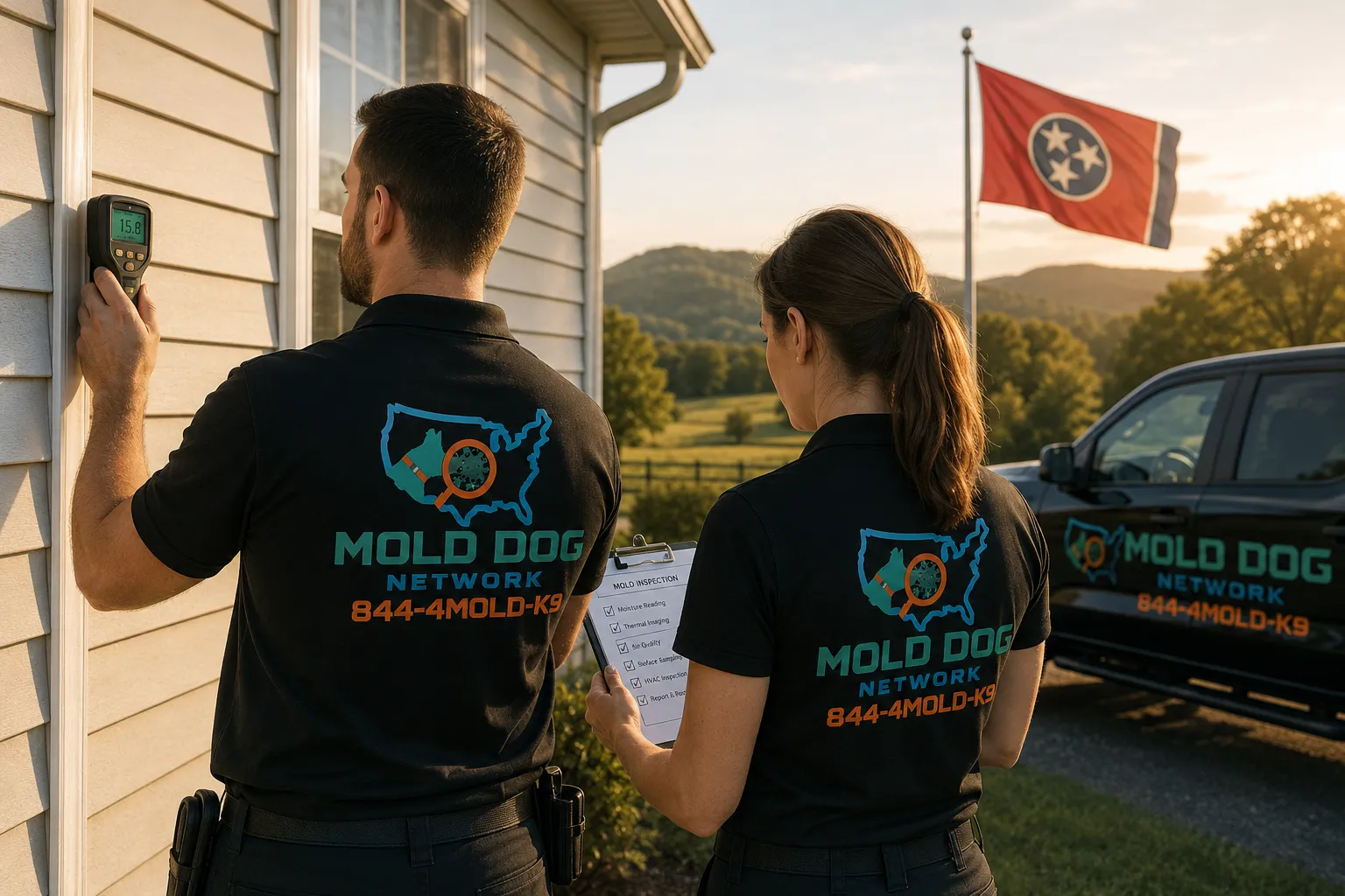 The Mold Dog team approaching a home in Tennessee for a mold inspection