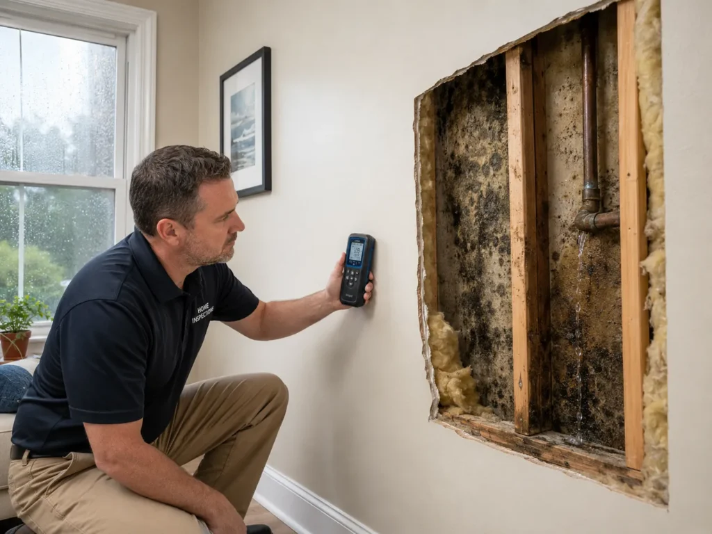 A man using a moisture meter during a typical remediation mold test