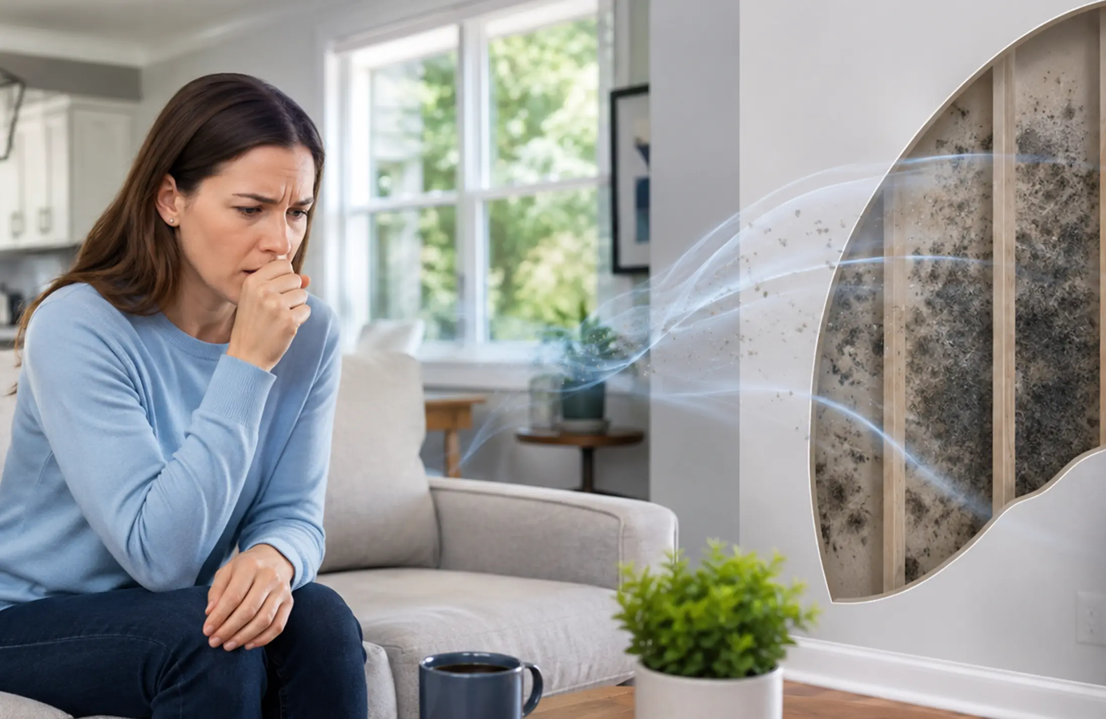 Woman coughing at home with hidden mold behind the wall, highlighting how unseen moisture and mold concerns may affect indoor air quality.