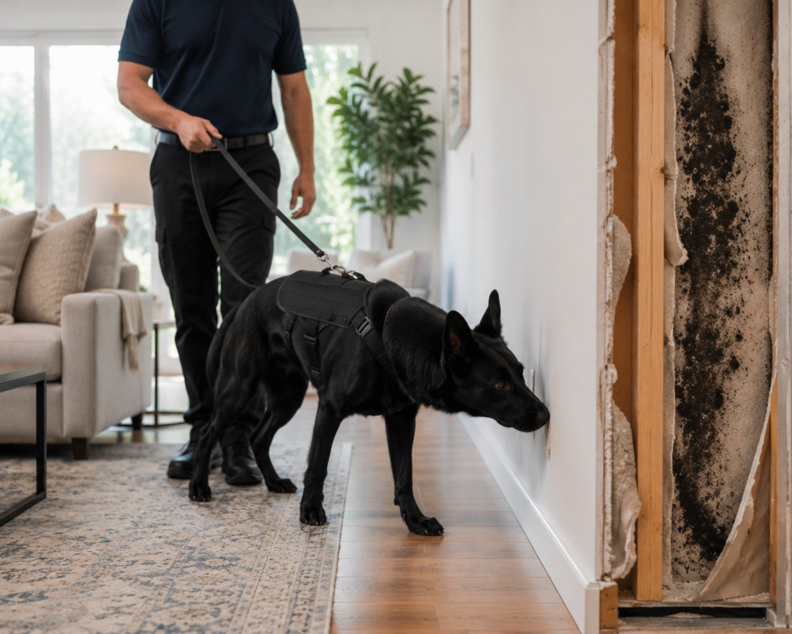 Professional K-9 mold detection inspection in a modern living room, showing a Mold Dog Network detection dog identifying hidden mold inside a residential wall.