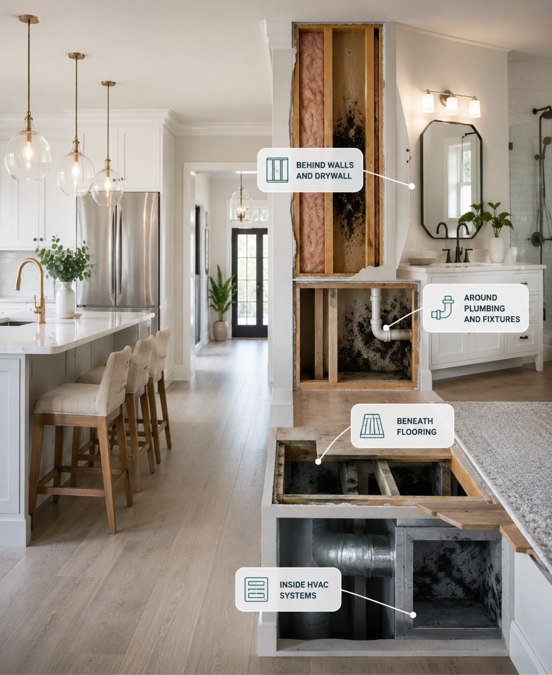 Bright modern home interior with cutaway views showing hidden mold behind drywall, around plumbing, beneath flooring, and inside an HVAC system.