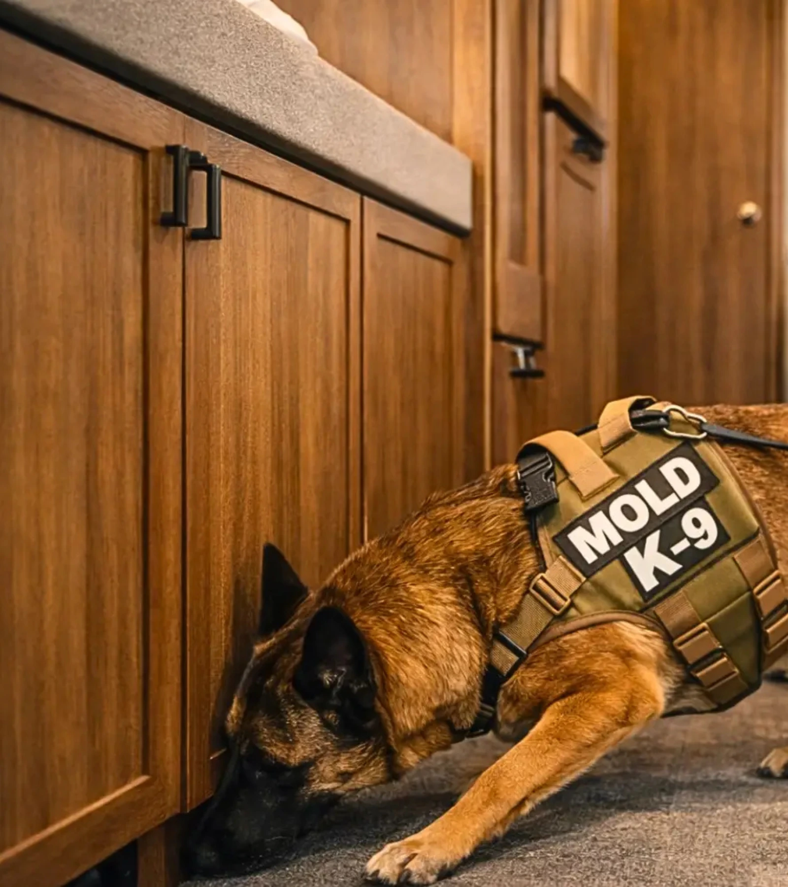 Mold detection K-9 inspecting kitchen cabinets during a residential Mold Dog Network inspection to locate hidden mold without invasive demolition.