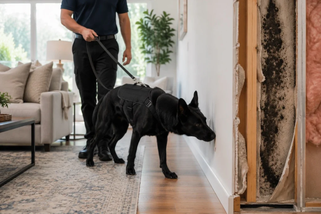 Professional K-9 mold detection dog inspecting a residential wall with hidden mold visible inside the wall cavity during a Mold Dog Network home inspection.
