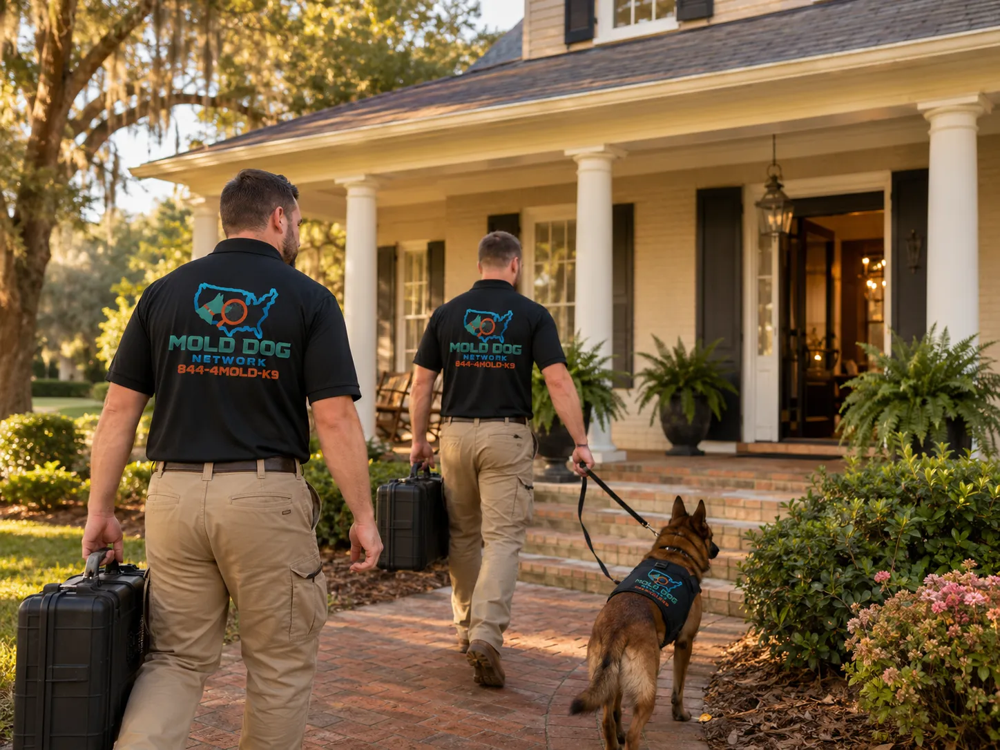 Mold Dog Network team members entering a home in Georgia to perform a mold inspection