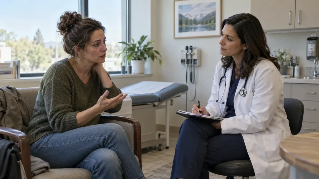 A sick homeowner in a consultation with their doctor