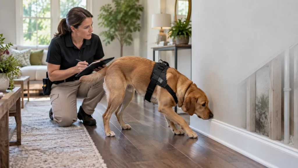 Mold detection dog inspecting a clean interior wall while its handler documents the location.