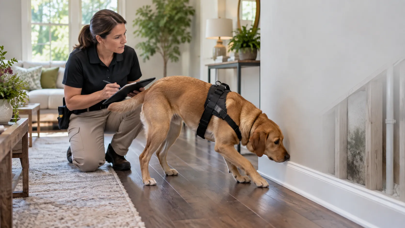 Mold detection dog inspecting a clean interior wall while its handler documents the location.
