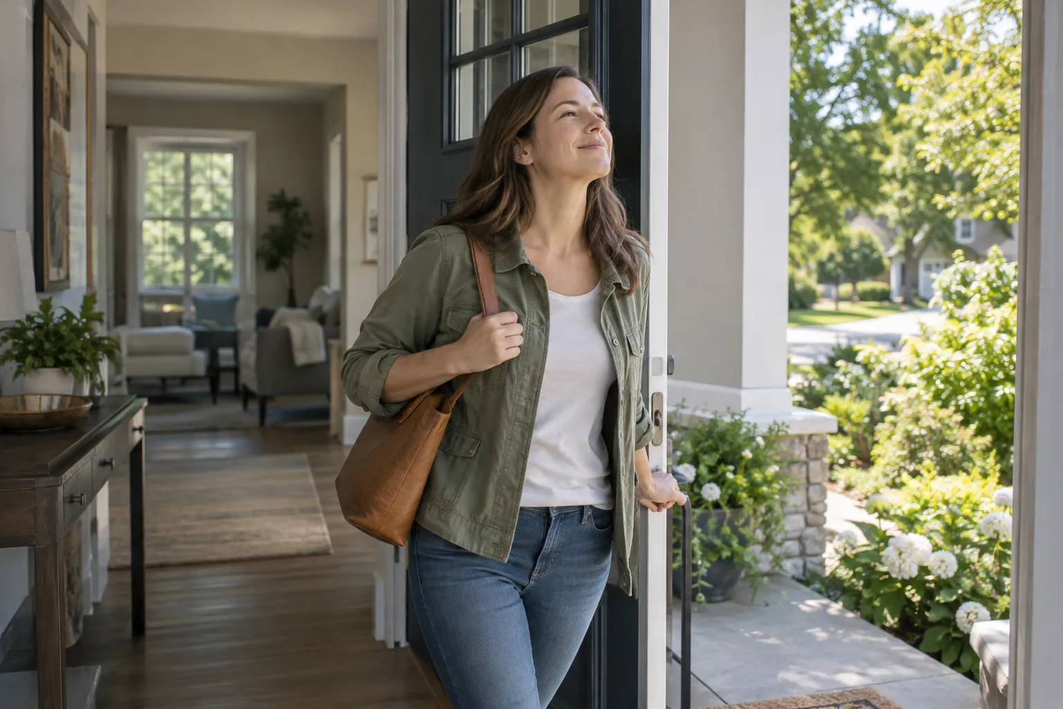 Woman stepping outside her home and breathing in the fresh air.