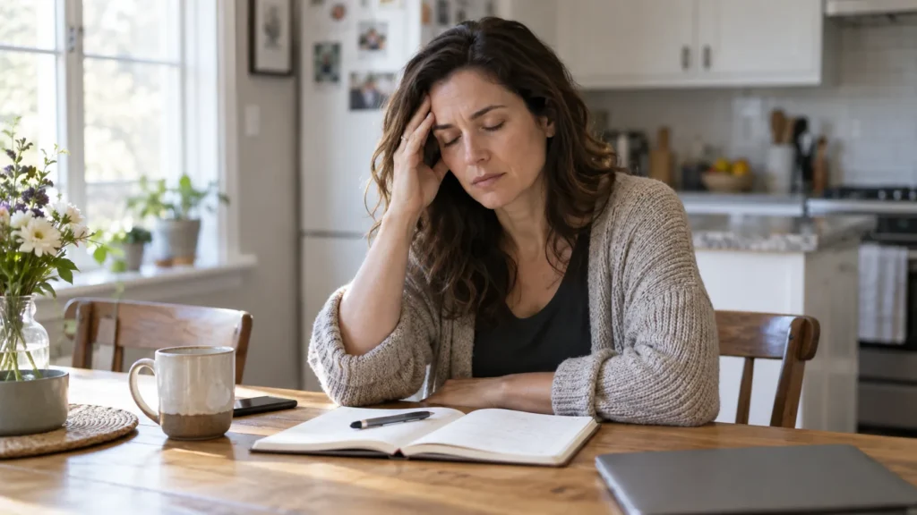 A homeowner sitting at a table in their kitchen obviously struggling with migraines