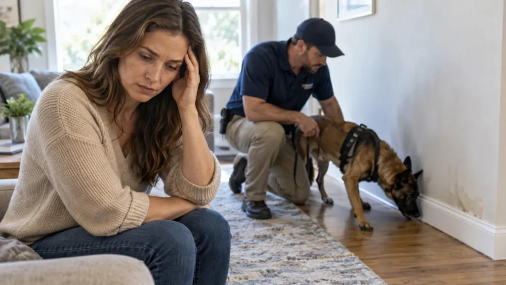 Woman experiencing mold toxicity symptoms and schheduling a mold dog inspection to find hidden mold