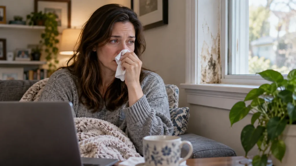 A woman in a room with mold growing in a window reveal with obvious inflammation and sinus irritation