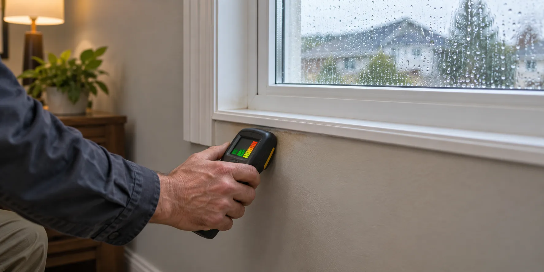 Inspector using a moisture meter beneath a rain-exposed window to check for hidden water intrusion.
